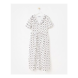 White & Brown Polka Dot Scallop Collar Cotton Midi Dress
