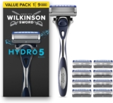 Wilkinson Sword Hydro 5 Mens Razor Handle, 9 Blade Refills 5 Blade Face or Body Razors for Men, Dual Lubrication, Moisturising Gel Formula, Soothing Aloe Vera, Flip Trimmer Shaver Head