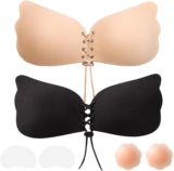 Winged Push Up Sticky Bra for Women, 2 Pack Invisible Adhesive Strapless Backless Bra with Drawstring Lift, Skin-Friendly Silicone Cups, Reusabl Party, Wedding, Everyday