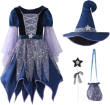 Witch Costume Kids Girls Halloween Costumes with Wizard Hat 4 PCS Set 4-15Y