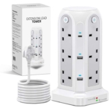 Wolf Power Tower, 18-IN-1 Surge Protected Lead with 2M Extension Cable, 12 Plug Sockets, 2 USB-C & 4 USB-A Ports, 4 Switches