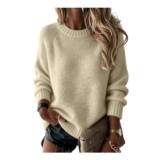 Women Crew Neck Knit Sweater, Oversized Khaki