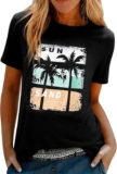 Women T-Shirt Summer Tops Sun Palm Tree Graphic T Shirts Ladies Casual Round Neck Short Sleeve Shirts Basic Loose Printed Tee Fashion Tunic Blouse
