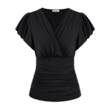 Womens 1950s V-Neck Short Sleeve Loose Black Top M