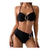 Womens 2-Piece Halter Bikini Set, High-Waisted, Tummy Control, Black, M