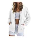 Womens Bomber Jacket Lightweight Zip Pockets Stand Collar White XL