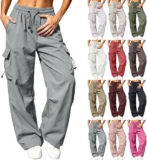 Womens Cargo Trousers High Waist Wide Leg Trousers Casual Cargo Pants