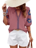 Womens Floral Embroidered Puff Short Sleeve Shirt, V Neck Boho Tunic Casual Summer Blouse (S, M) – Sold by CXMSYY-UK / FBA