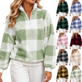 Womens Funnel Neck Fleece Pullover Checked Zip Fuzzy Warm Cosy Tops