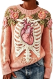 Womens Halloween Sweater Long Sleeve Crew Neck Skeleton Print Cute Jumper