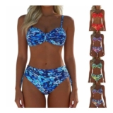 Womens High-Waisted Bikini Swimsuit, Tummy Control, Blue, M