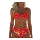 Womens High-Waisted Tummy Control Bikini Set, Orange, L