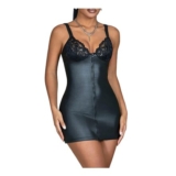 Womens Lace and Leather Patchwork Mini Dress, Spaghetti Strap, Black