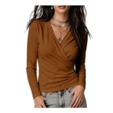 Womens Long Sleeve Surplice Wrap V-Neck Cropped Blouse Ruched Front