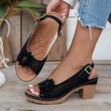 Womens Low Block Chunky Heels Sandals Flowers Comfortable Open Toe Back Strap Party Dress Pump Shoes Strappy Buckle Heeled Sandals
