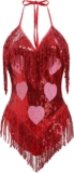 Womens Music Festival Bodysuit Sexy Halter V Neck Star Sequins Fringe Carnival Rave Outfit Dance Leotard Party Nightclub Halloween Costume