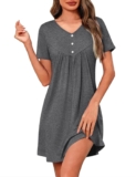 Womens Nightdress Short Sleeve V Neck Nightshirt Cotton Nightgown Pleated Front Shape, Decorative Buttons, Loose Knee Length Fit, Sleepwear, Home Lounging, Maternity Wear, Summer Nightwear