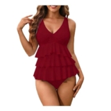 Womens One-Piece Padded Swimsuit, Tummy Control, V-Neck, Ruffled, Wine XL