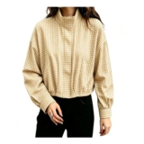 Womens Plaid Jacket High Neck Drawstring Hem Casual Lightweight Streetwear