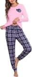 Womens Pyjamas Ladies Cotton Pjs Sets Soft Long Sleeve with Check Pants