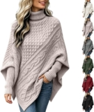 Womens Roll Neck Jumpers Oversized Cable Knit Batwing Sleeve Poncho Sweater