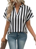 Womens Summer Blouse Elegant V Neck Short Sleeve Shirts Casual Loose Fit Vintage Striped Shirt Ladies Boho Chiffon Blouses T Shirts Tunic