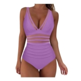 Womens Tummy-Control One-Piece Swimsuit with Padded Cups, Purple, L