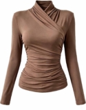 Womens Wrap Mock Neck Long Sleeve Top, Slim Fit Cross VNeck Splice Blouse