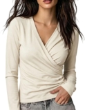 Womens Wrap VNeck Long Sleeve Top, Slim Fit Ruched Wrap Blouse