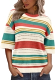 XIEERDUO Womens Tops Summer Short Sleeve Jumpers Colour Block Striped Shirts Fashion