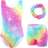 XiaoMoSha Girls Three-Piece Gymnastics Leotards Set Sleeveless Leotards with Shorts and Hairband Sparkly Gradient Color Ballet Dance Unitards Gymnastics Outfits for Kids 3-12 Years