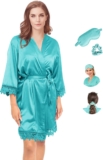 Y WJing Yi Jia Women Silk Robes Ladies Lace-Trim Bridesmaid Satin Robe for Wedding Party with satin eye masks and scrunchies 3 In 1 Set Sleepwear