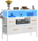 YITAHOME Fabric Drawers Cabinet with Power Outlets & LED Lights, Fabric Chest with 4 Drawers & 2 Hooks, Fits TVs up to 32 Inches, Chest of Drawers for Bedroom, Living Room, Home Office, White