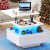 YITAHOME Modern Wooden Square Coffee Table with Lift Top, LED Light String, and 2 Drawers (60x60x45cm)