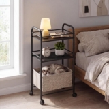 YITAHOME bedside table with wheels, Trolley coffee table with Fabric Basket, Storage for Sofa Bedroom Living Room Office, Modern Style, Black