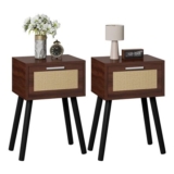 YMYNY Walnut Nightstands Set of 2 with Rattan Drawer HST010LW-2