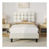 Yaheetech 3ft Single Bed Frame with Upholstered Headboard Beige