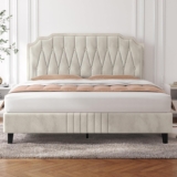 Yaheetech 4ft6 Double Bed Frame Upholstered Platform Bed with Adjustable Button Tufted Headboard/Velvet Fabric/Sturdy Wooden Slat Support/No Box Spring Needed, Beige Double Bed