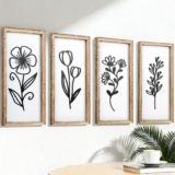 YiYa 4 Piece 3D Wooden Floral Wall Art Decorative Wooden Wall Art Farmhouse Bohemian Wall Art for Living Room Bedroom Office Kitchen Wall Decor(Black)
