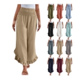 Yolimok Cropped Wide Leg Linen Trousers, High Waist, Khaki