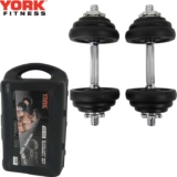 York Fitness 20kg (2 x 10Kg) Black Cast Iron Dumbbell Set W/ Metal Spinlock Collars Carry Case with Handle
