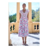 Yumi White Viscose Floral Ruched Waist Midi Dress