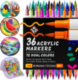 ZENO Acrylic Paint Markers for Rocks 72 Colors Dual Tone Acrylic Markers Set, 36 Dual-Color Brush Tip Markers, Water-Based Acrylic Paint Pens for Coloring, Crafts, Wood, Glass, Fabric, Art Supplies