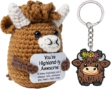 ZISHAN Highland Cow Gifts, Positive Crochet Animals, Emotional Support Crochet, Desk Decoration and Emotional Support Companion, Crochet Gifts for Women, Highland Cow Gifts for Women with Keychain