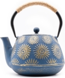 Zen Minded Traditional Japanese Cast Iron Tetsubin Stovetop Teakettle Teapot with Rope-handle & Stainless-steel Loose-leaf Filter for Green Tea & Infusions – 1.2L Chrysanthemum Pattern – Purple & Gold