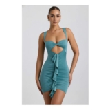 Zivanka Slinky Jersey Cut-out Ruffle-Trim Mini Dress in Sea Green