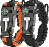 aZengear Paracord Survival Bracelet (2 Pack) Flint Steel Fire Starter, Whistle, Compass, Hiking , Camping Equipment (Black and Orange)