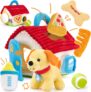 hahaland Plush Puppy Sensory Toys for Baby 6-12 Months, Interactive Pretend Play Toys with Mirror & Rattle, Montessori-Inspired Soft Toy Dog for Toddlers 1 Year Old, Gifts for Baby Boys Girls
