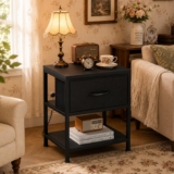 knoworld Slim Bedside Table with Fabric Drawer & Open Compartment, Charging Station, Narrow End Table for Small Bedroom, Black, 40x30x50cm