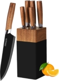 lapelux Kitchen Knife Set – 5 Piece Knife Set with Block, Wood Grain Handle, Stainless Steel Knivese with Chef, Bread, Slicer, Paring Knife for Cutting Meat/Vegetables/Fruit.